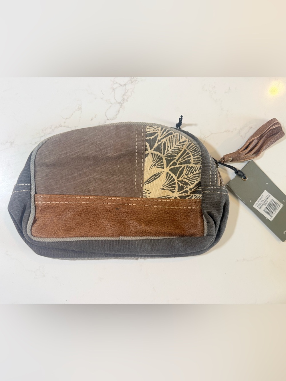 Myra Bag Gray Canvas Cosmetic Pouch with Brown Leather Trim and Cream Print